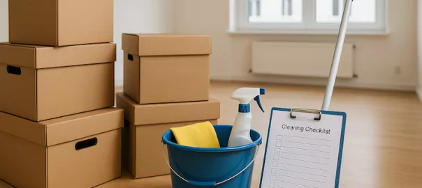 "Flyttlådor och städutrustning i tom lägenhet – symboliserar flytt från hyresrätt till bostadsrätt med städknep och checklistor för ett skinande rent avslut"